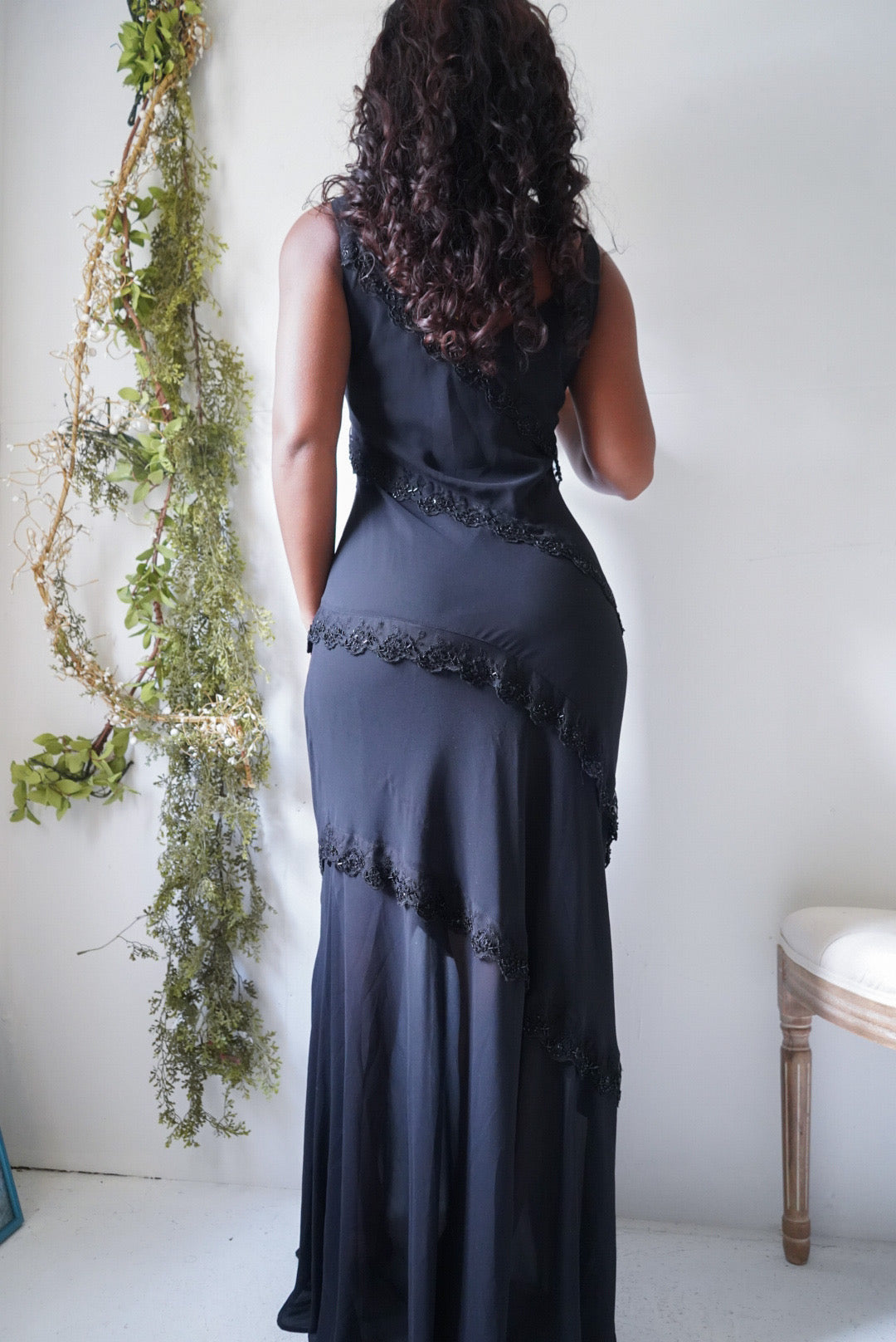 Y2K Black Beaded Lace Trimmed Evening Dress