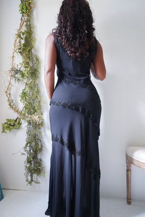 Y2K Black Beaded Lace Trimmed Evening Dress