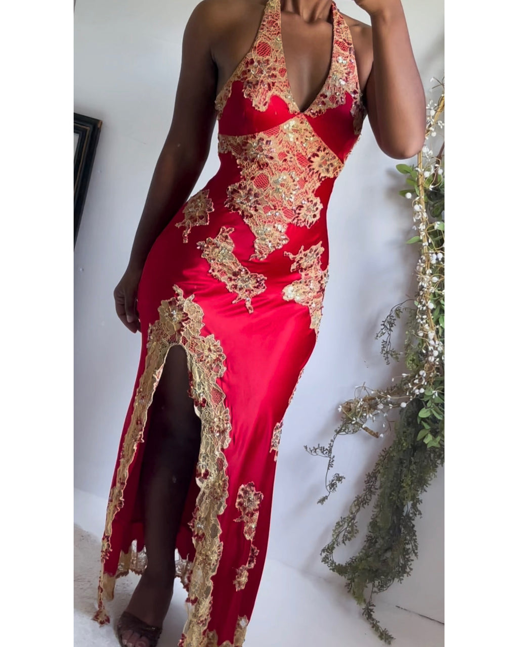 Rare Vintage Y2K Silk and Lace Sue Wong Halter Gown