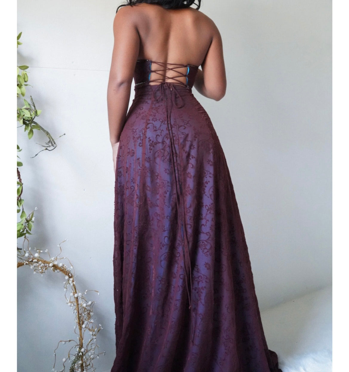 Brown and Turquoise Layered Beaded Halter Gown