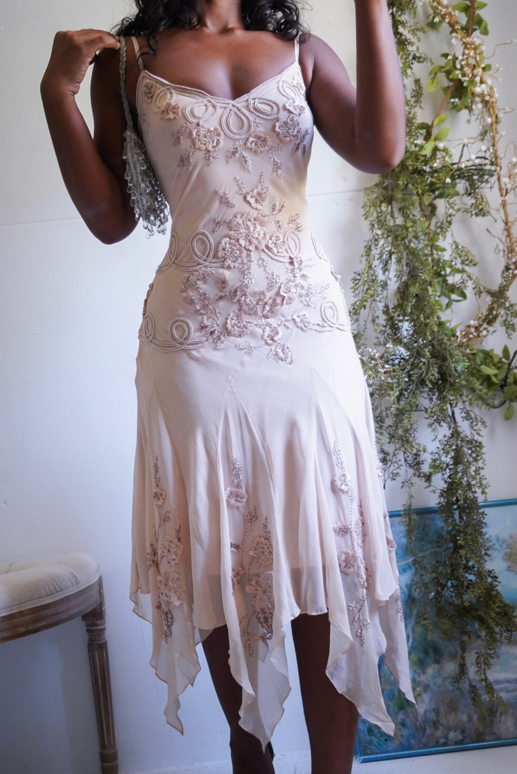 Y2K Light Blush Nude Fairy Hem Beaded Silk Dress