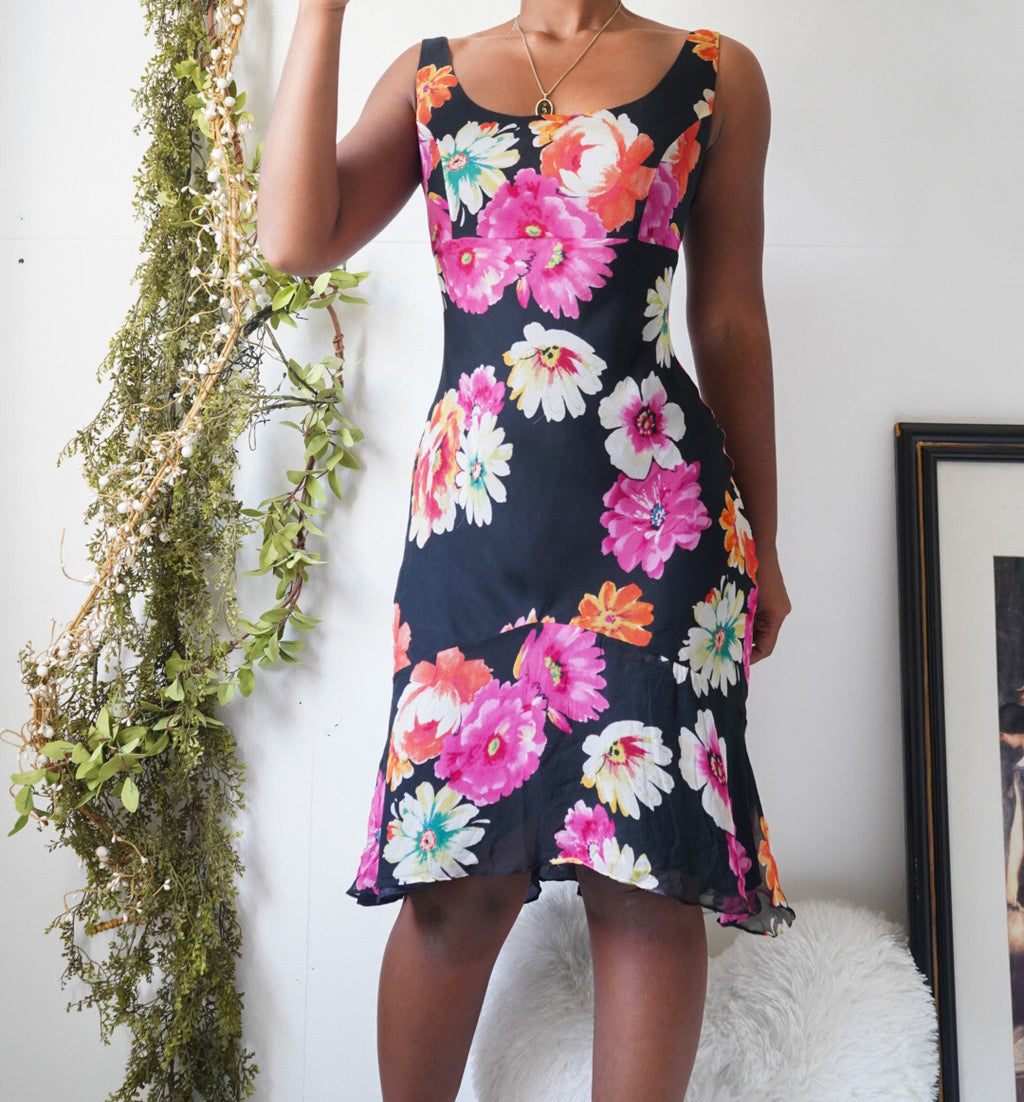 Black Colorful Floral Silk Midi Dress