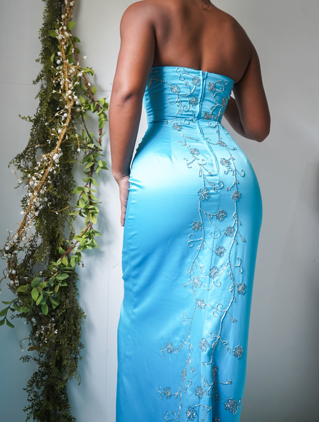Vintage Turquoise Satin Beaded Detail Strapless Gown