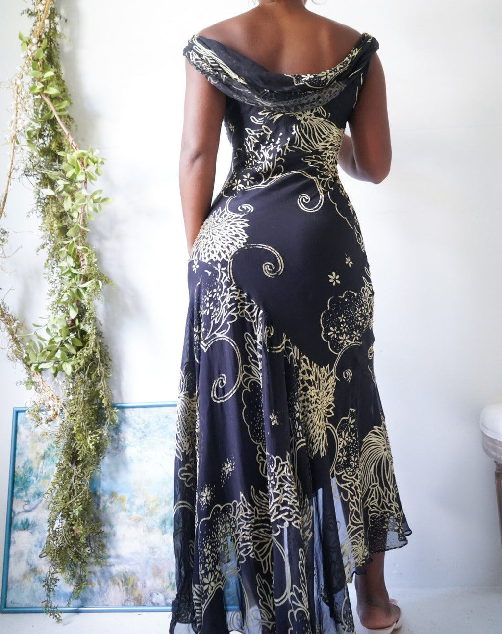 Y2K Black and Gold Silk Gown Neck Dress