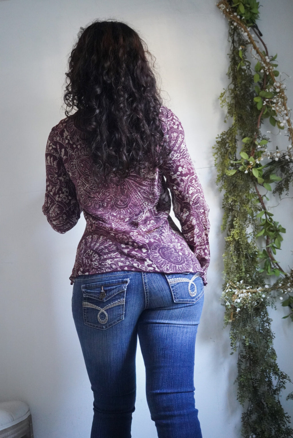 Y2K Maroon Cream Paisley Silk Sheer Peasant Top