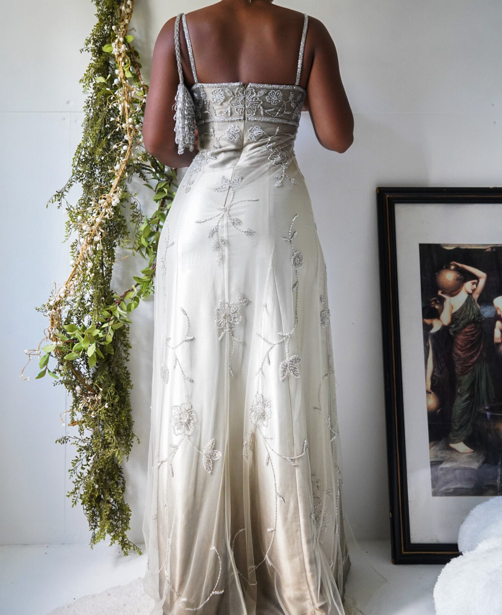 Rare Vintage Champagne Gray Beaded Split Front Gown