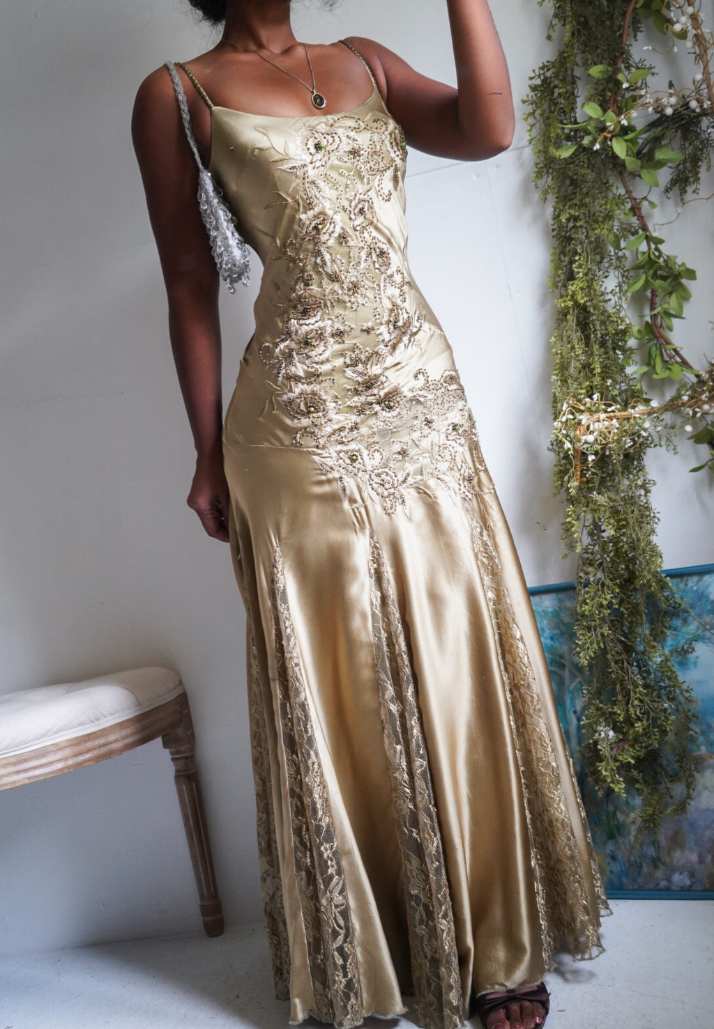 Rare Y2K Sue Wong Nocturne Sage Silk and Lace Beaded Gown