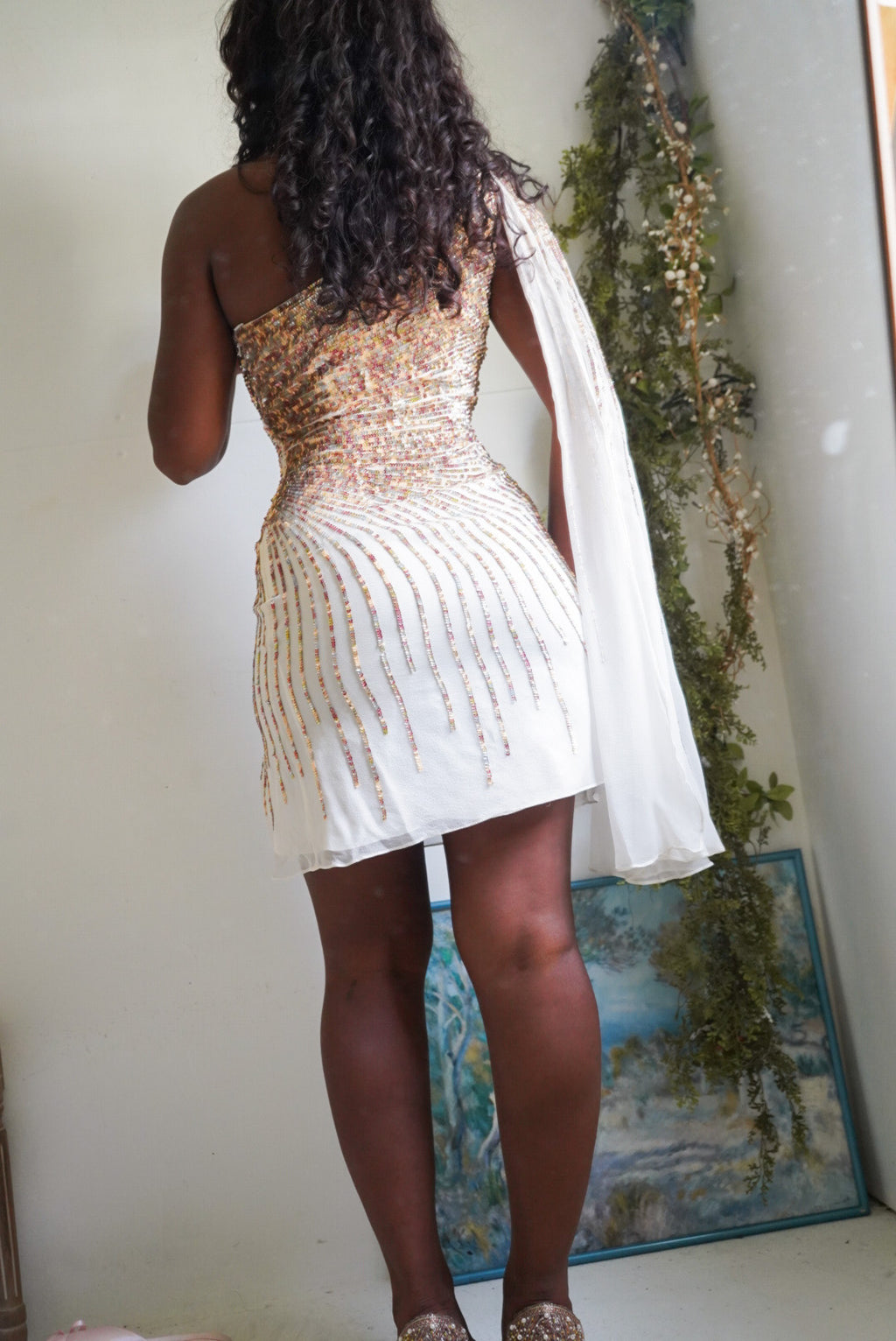 Y2K Cream Silk Sequined Mini Dress