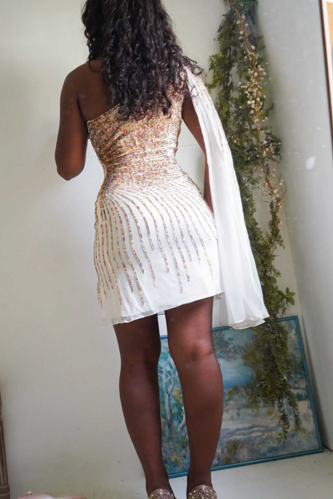 Y2K Cream Silk Sequined Mini Dress