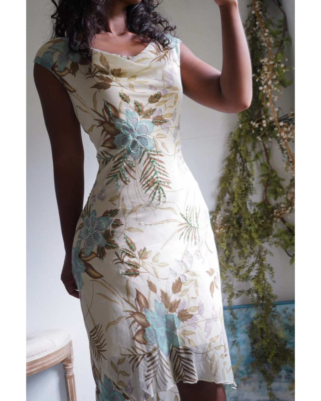 Y2K Cream Beaded Floral Cowl Neck Midi Dress
