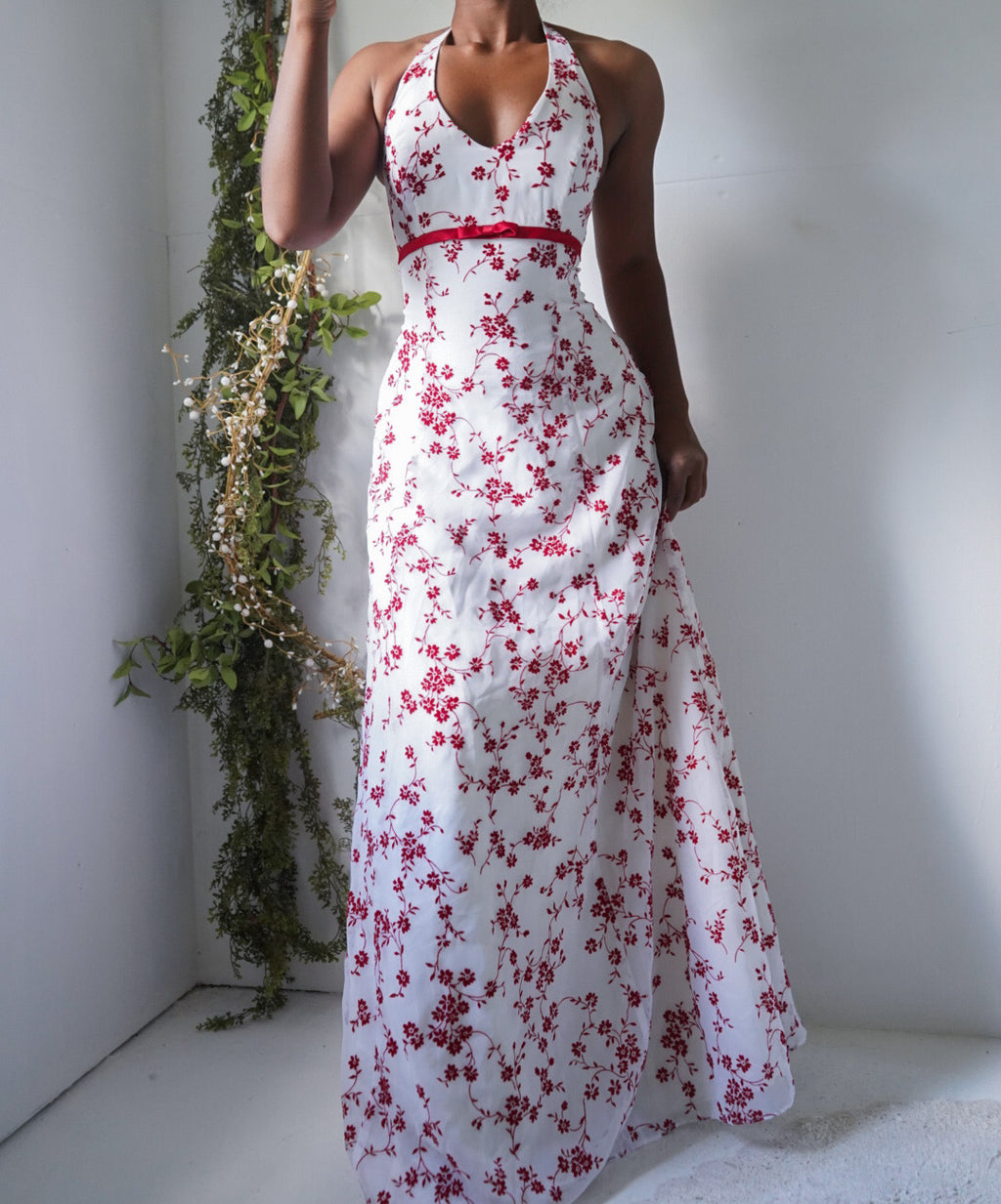 Rare Y2K Red and White Floral Halter Gown