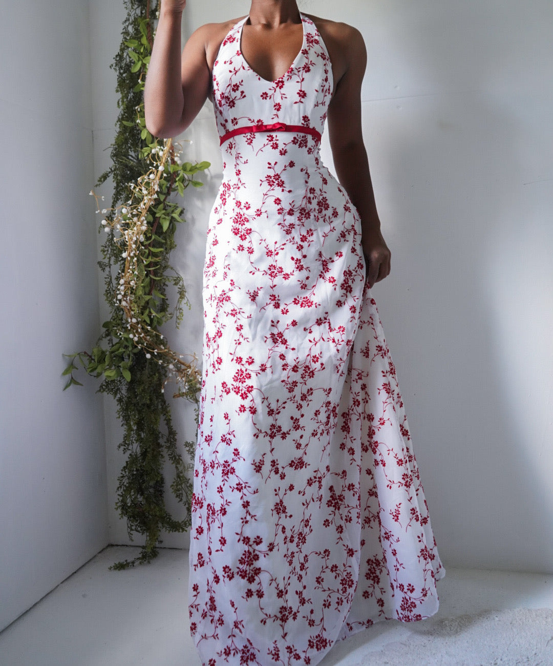 Rare Y2K Red and White Floral Halter Gown