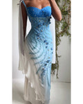 Rare Y2K Ombre Blue Beaded Silk Gown