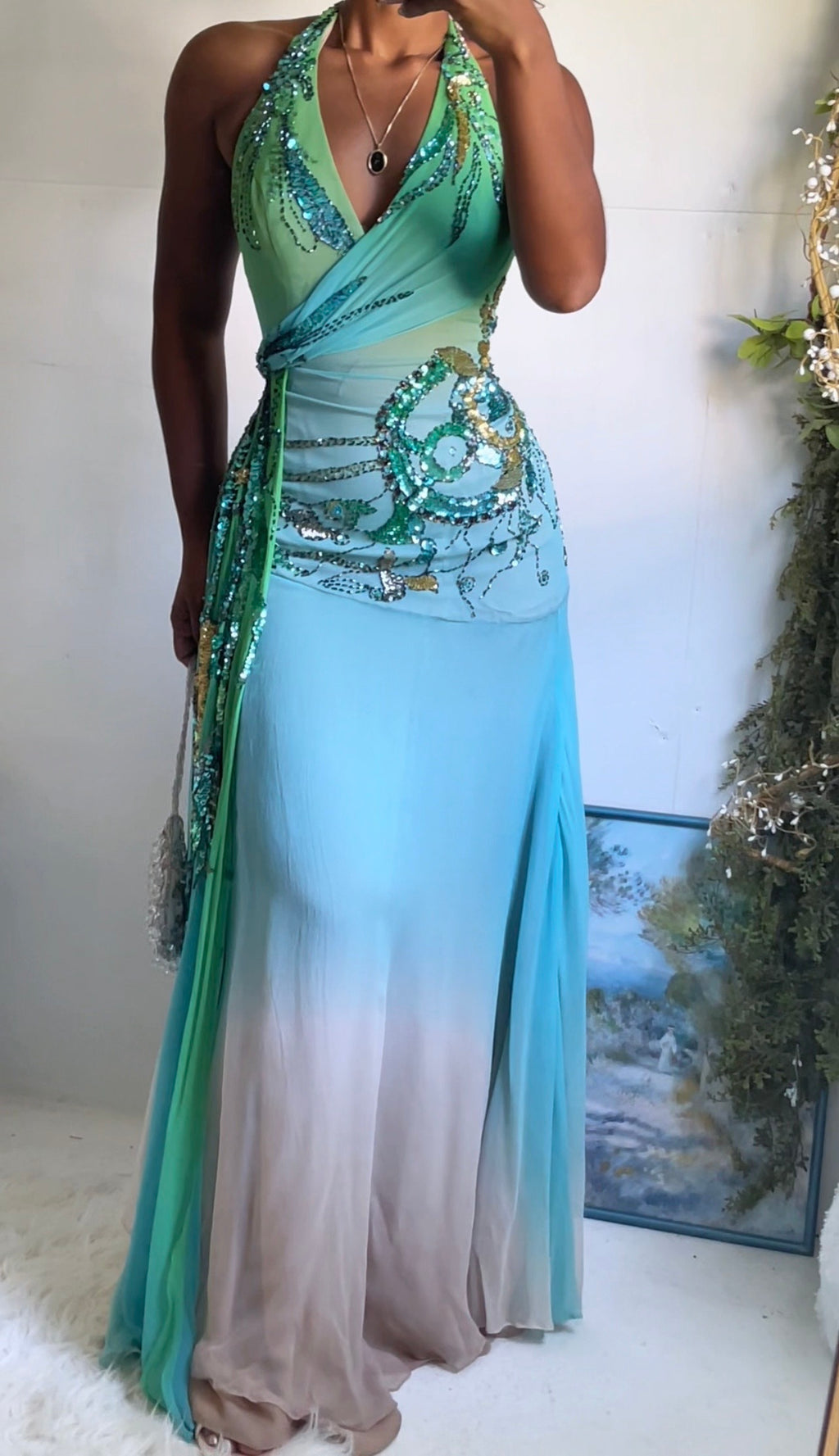 Rare Y2K Ombre Forest Fairy Silk Halter Gown