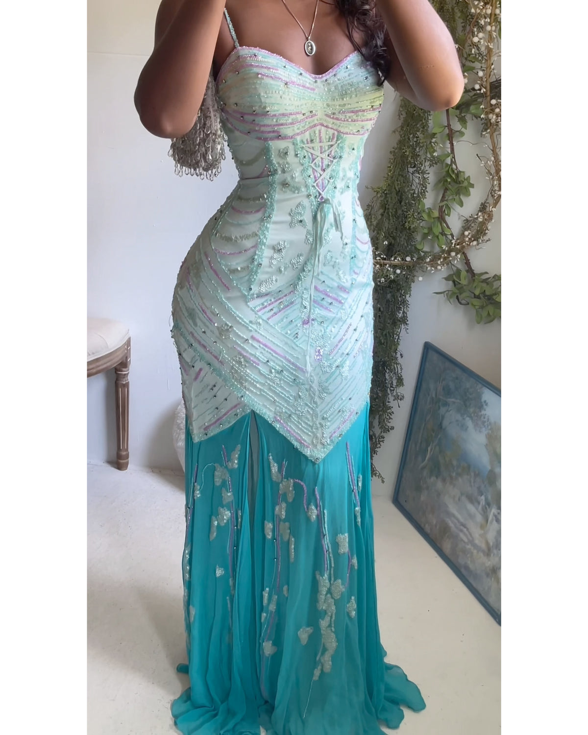 Rare Y2K Beaded Light Turquoise Silk Mermaid Gown