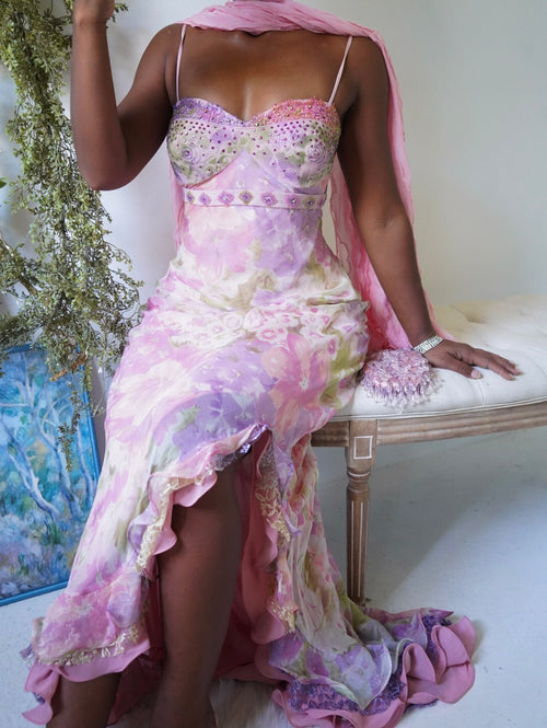 Rare Vintage Y2K Pastel Watercolor Silk Gown