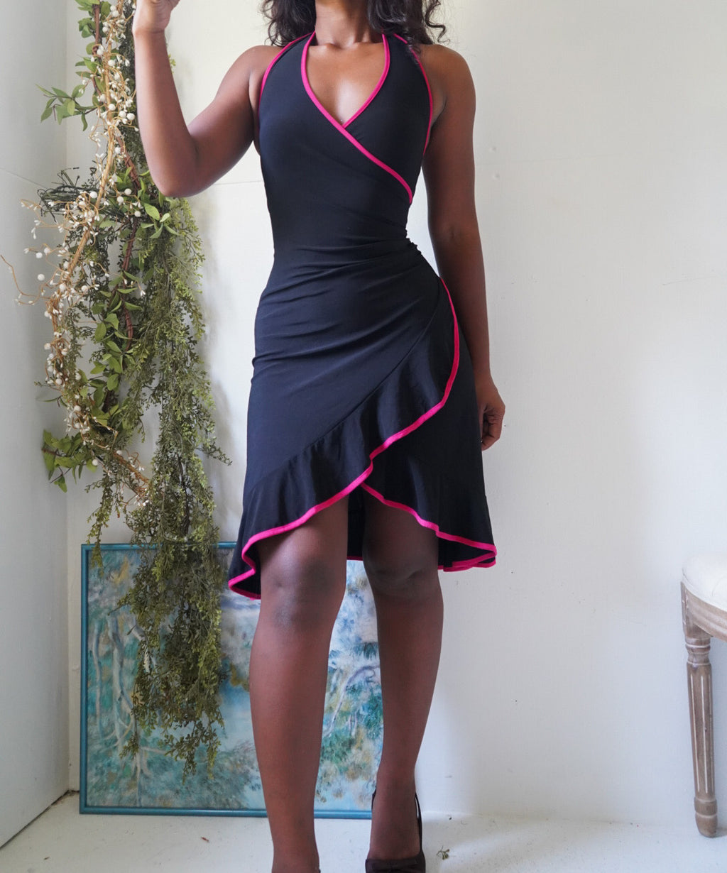 Y2K Halter Little Black Dress with Pink Trims