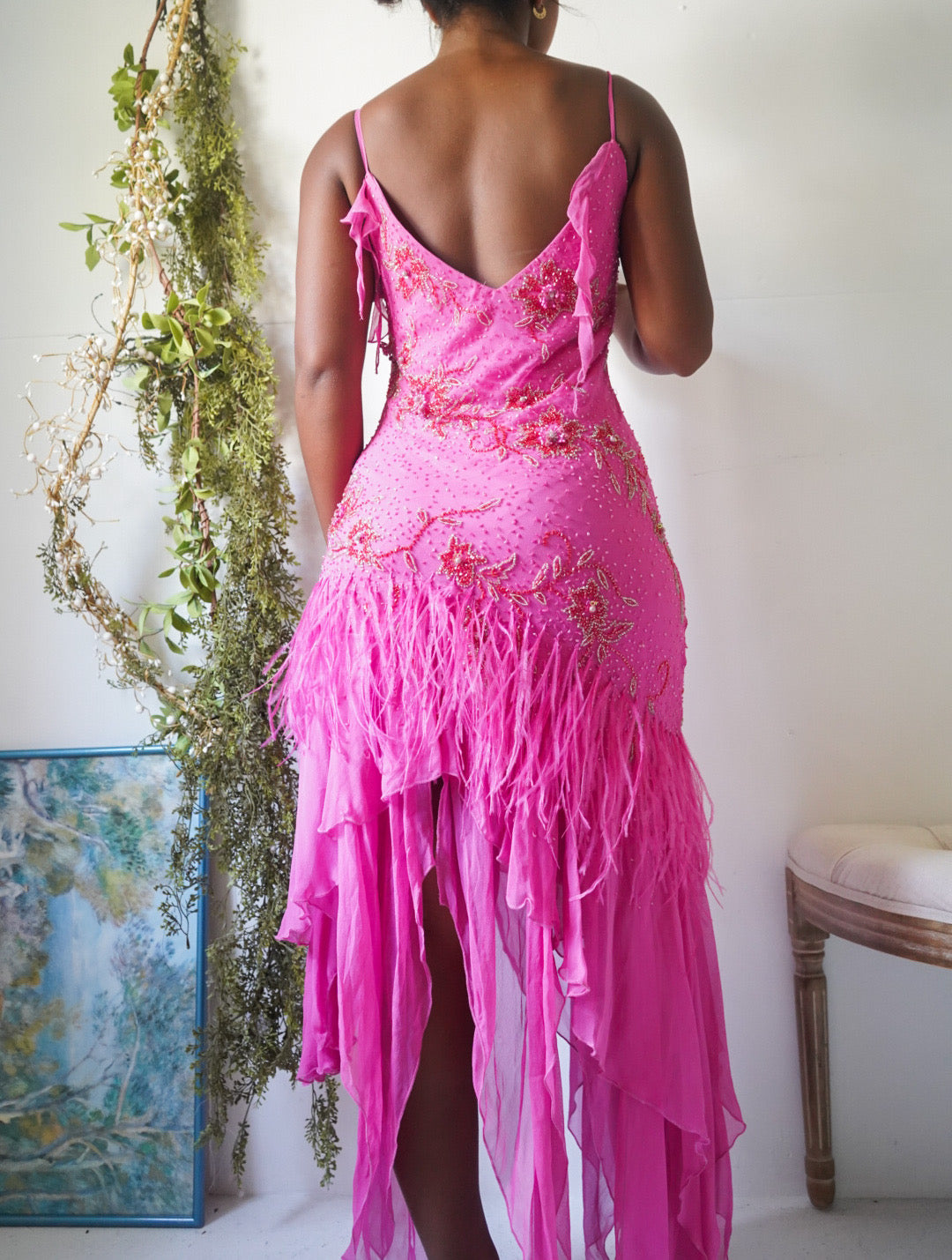 Rare Y2K Pink Beaded Silk And Feather Fairy Dress