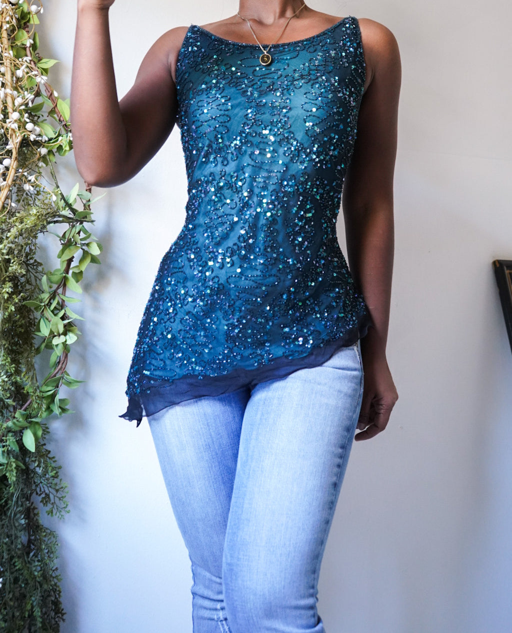 Cowl Back Layered Silk Beaded Cami