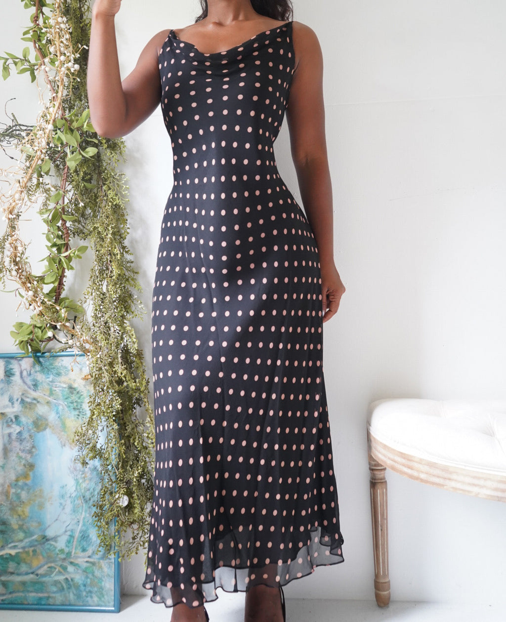 Y2K Tan and Black Polka Dot Silk Slip Dress