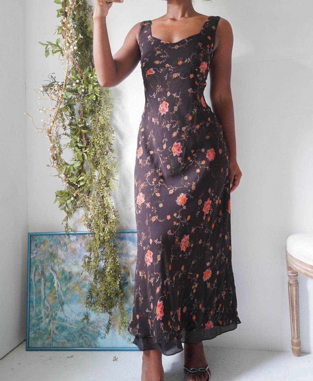 Y2K Brown Romantic Floral Silk Dress