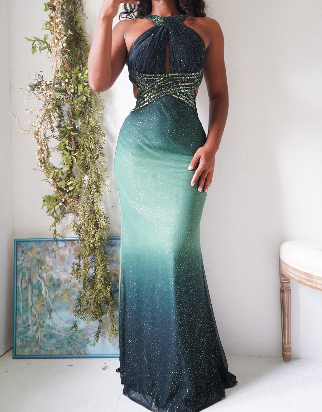 Y2K Green Gradient Glitter Halter Gown