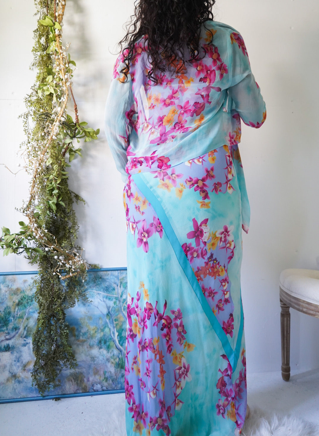 Vintage Y2K Romantic Light Turquoise Floral 2 Piece Gown
