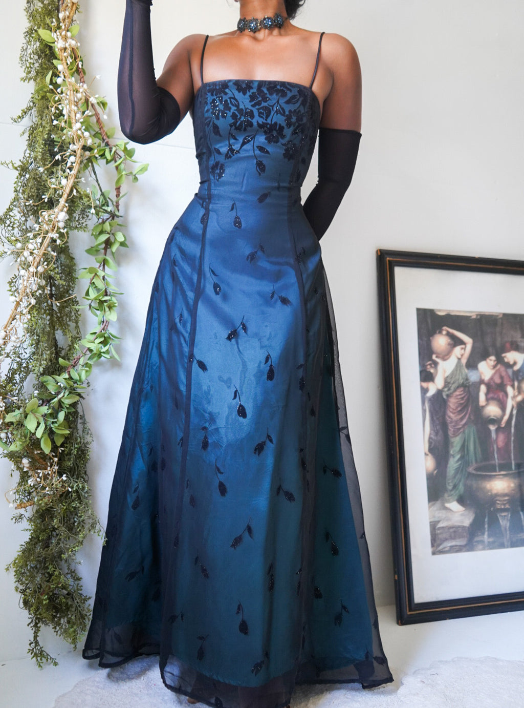 Vintage Teal and Black Layered Burnout Floral Gown