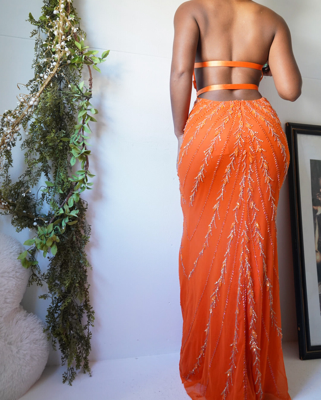 Orange Mesh Beaded Halter Open Back Gown