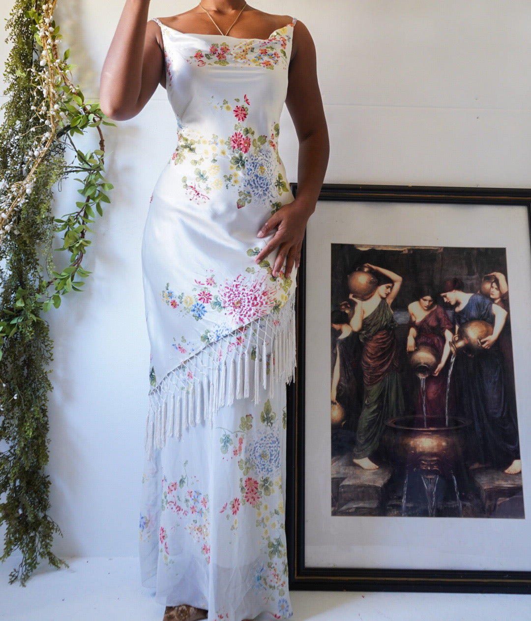 Pale Blue Beaded Fringe Chinoiserie Gown