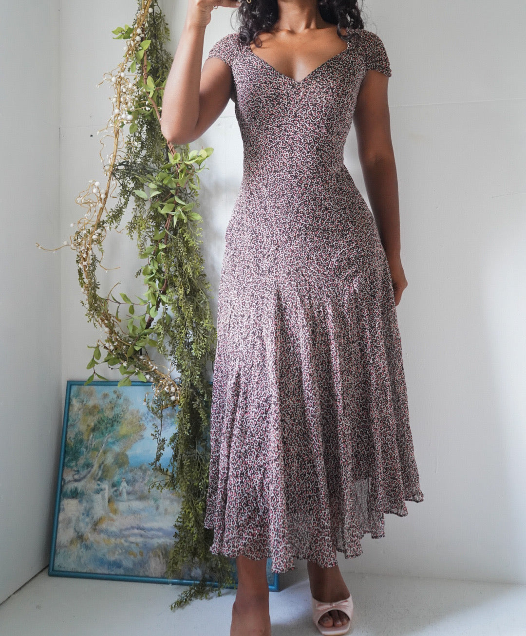 Y2K Brown Ditsy Floral Midi Dress