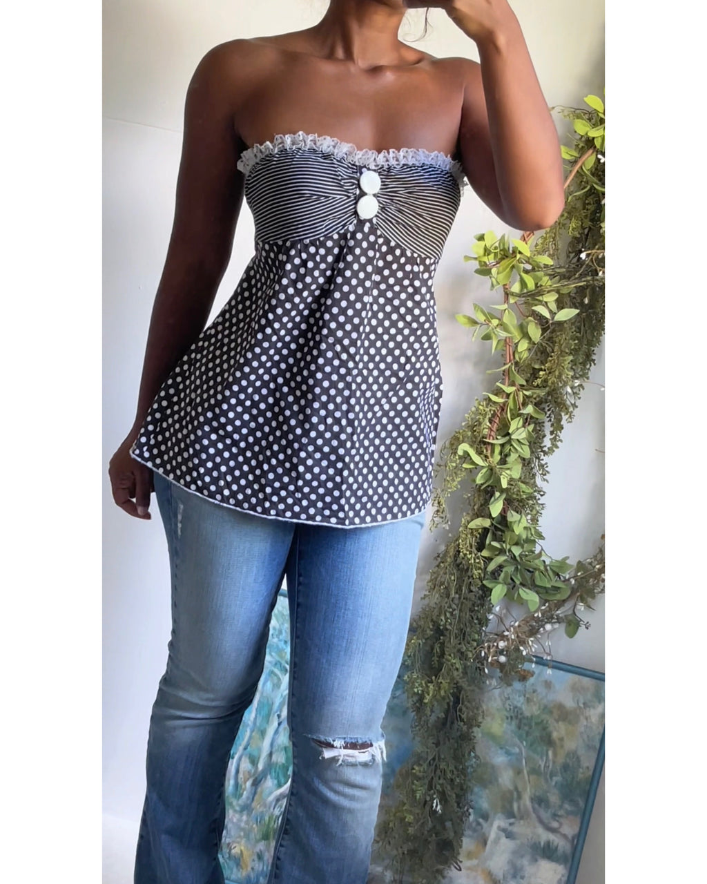 Y2K Monochrome Polka Dot Strapless Babydoll Top