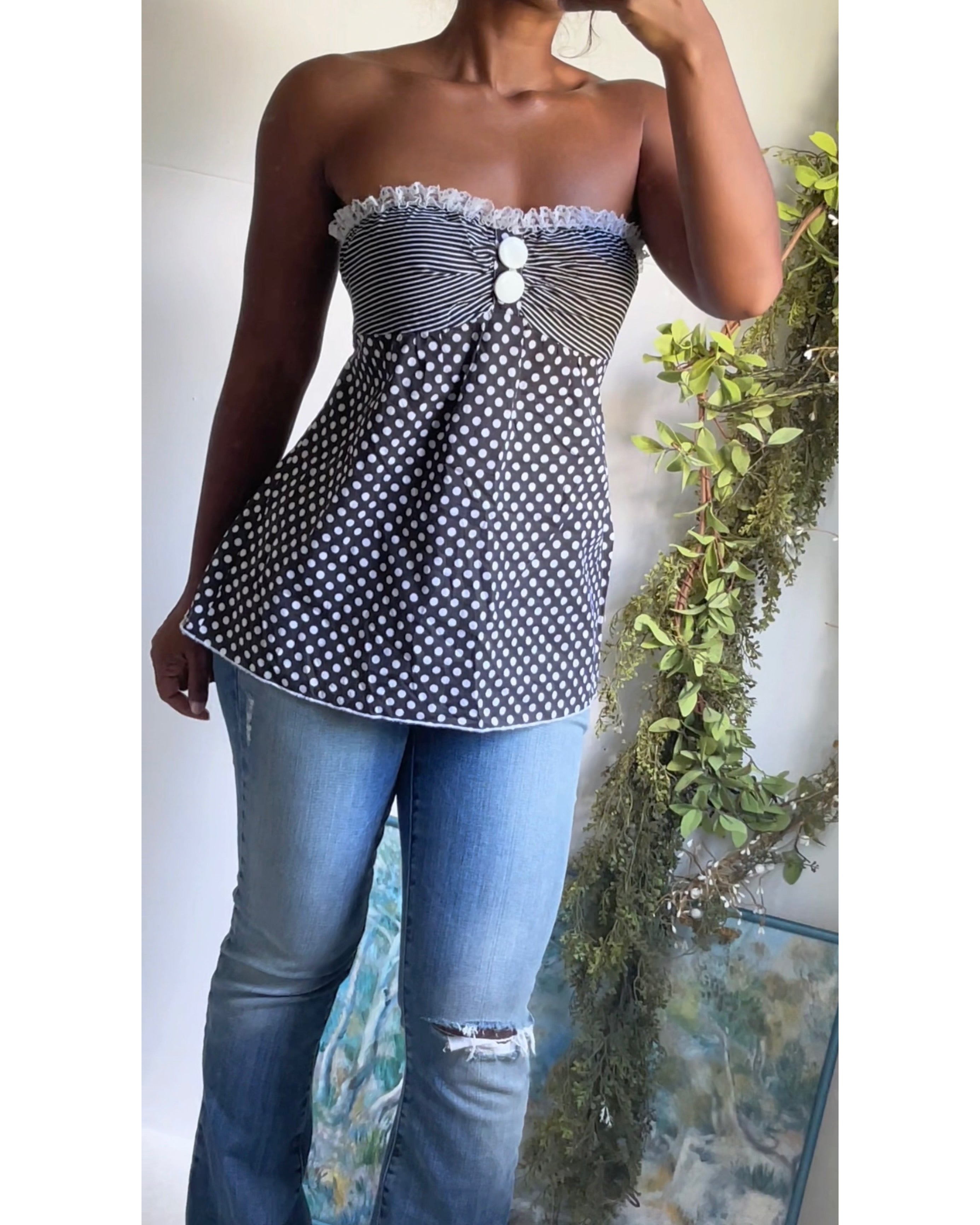 Y2K Monochrome Polka Dot Strapless Babydoll Top
