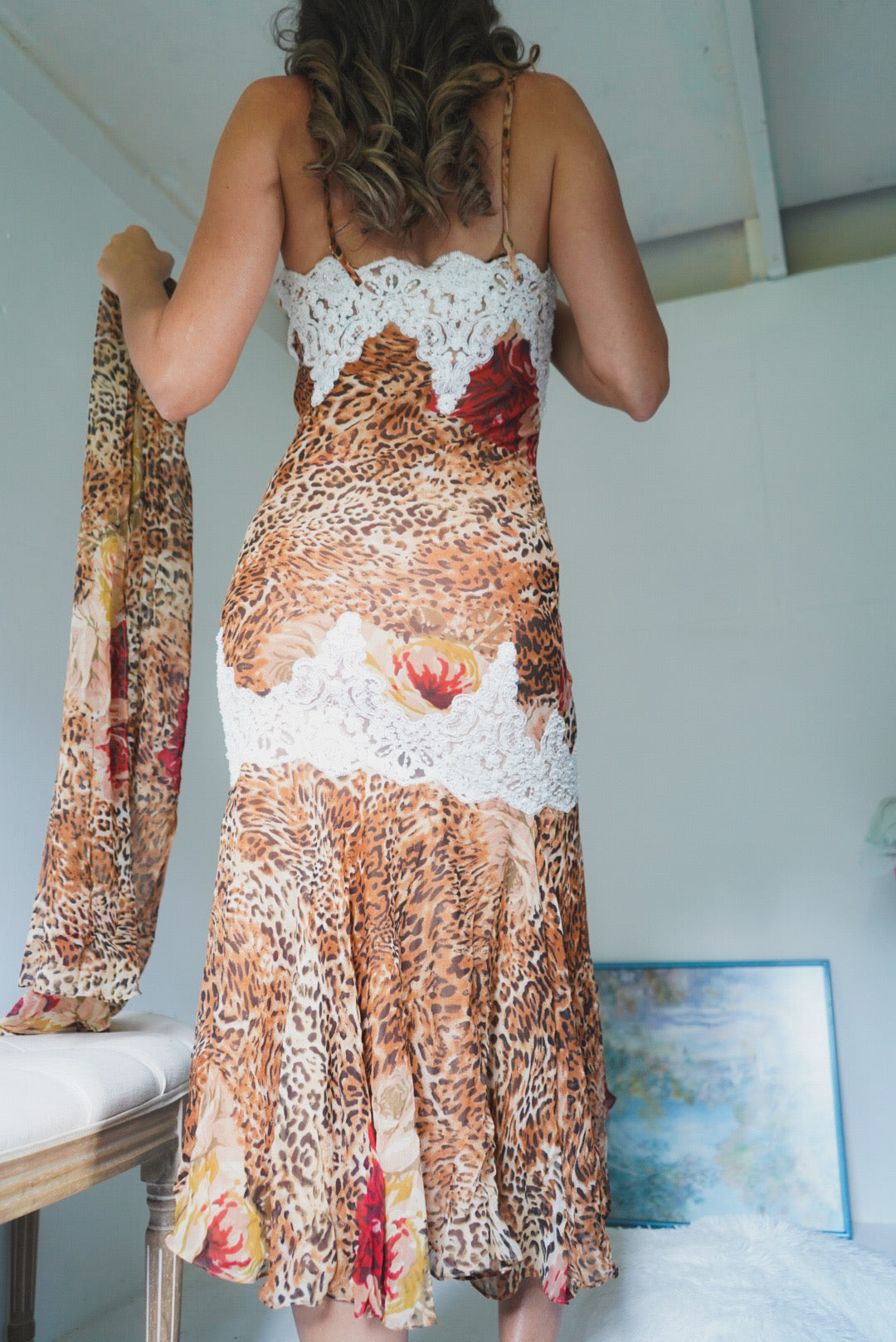 Y2K Silk and Lace Animal Print Dress