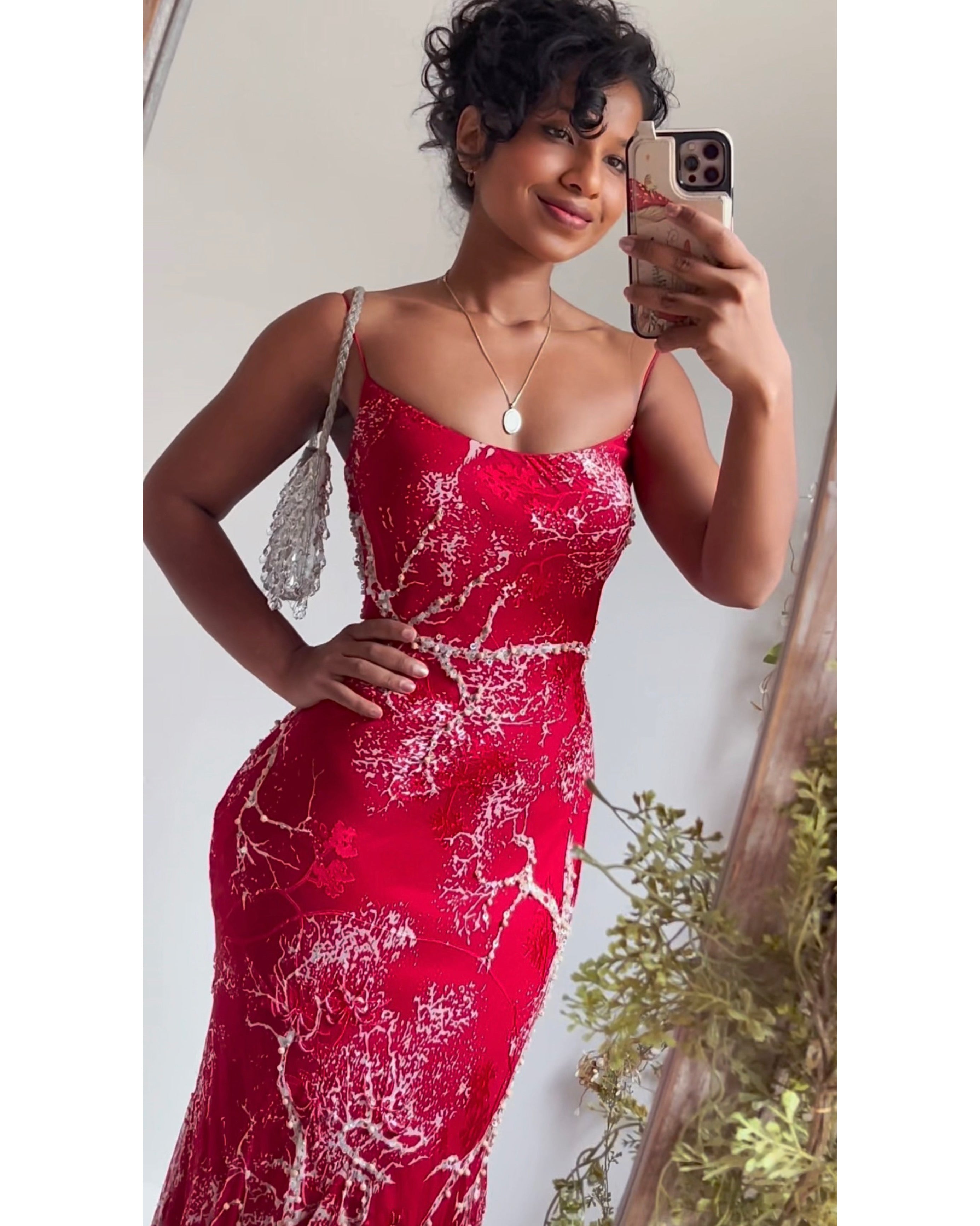 Rare Y2K Red Silk Burnout Beaded Fairy Gown