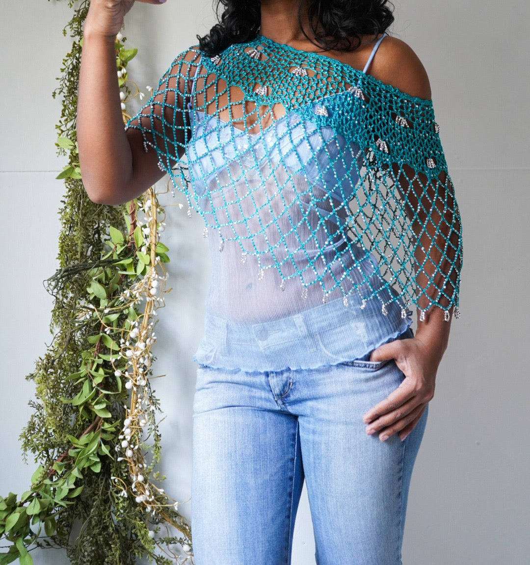 Turquoise Y2K Crochet Beaded Poncho