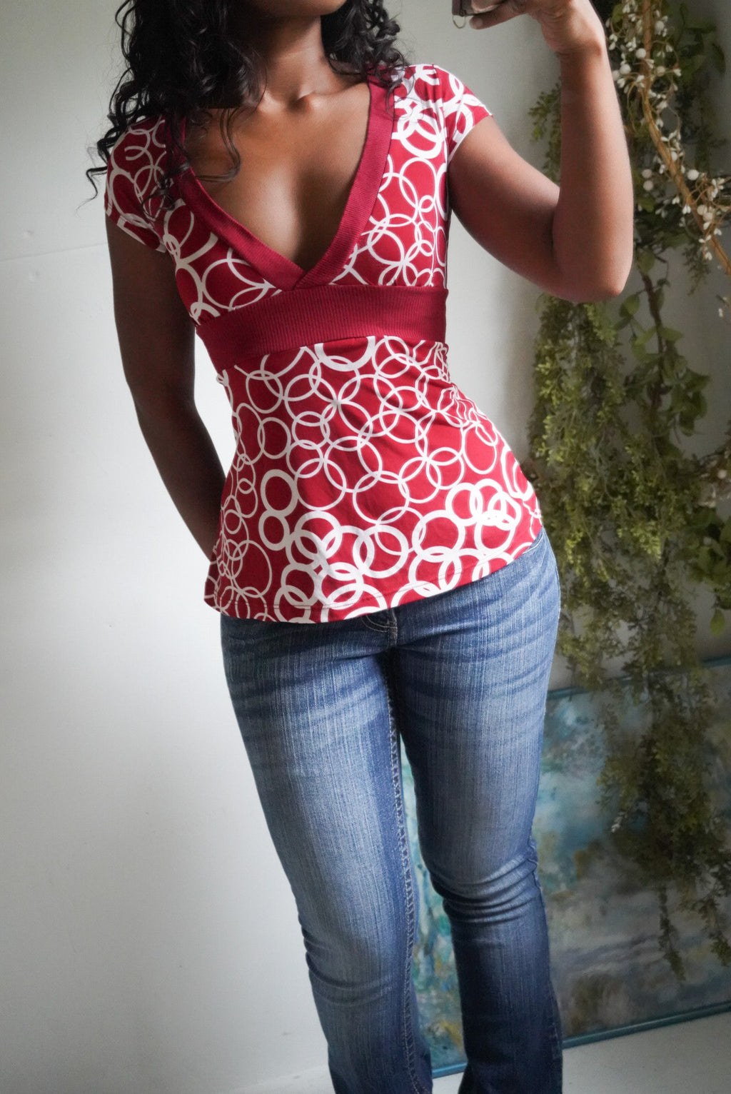 Y2K Red and White Print Babydoll Top