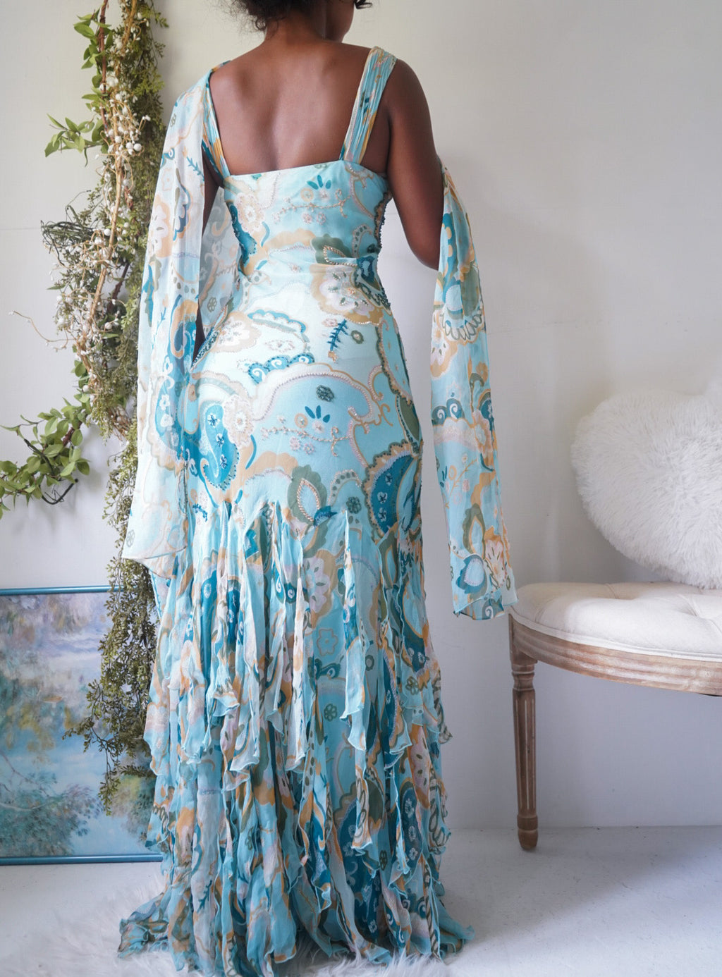 Y2K Rare Light Turquoise Silk Paisley Fairy Gown
