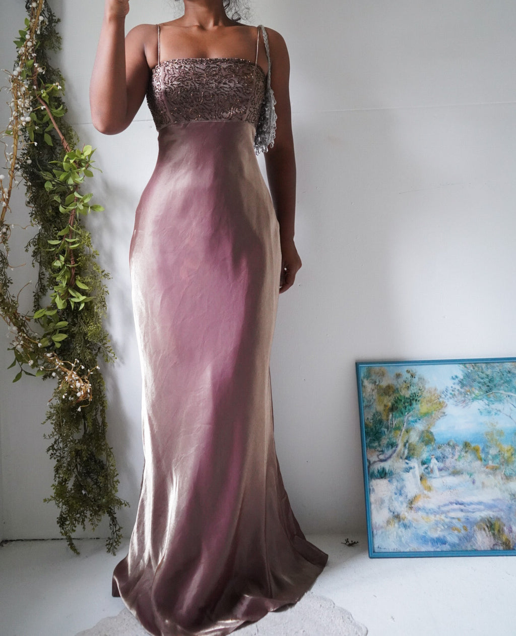 Y2K Iridescent Satin Beaded Bodice Gown