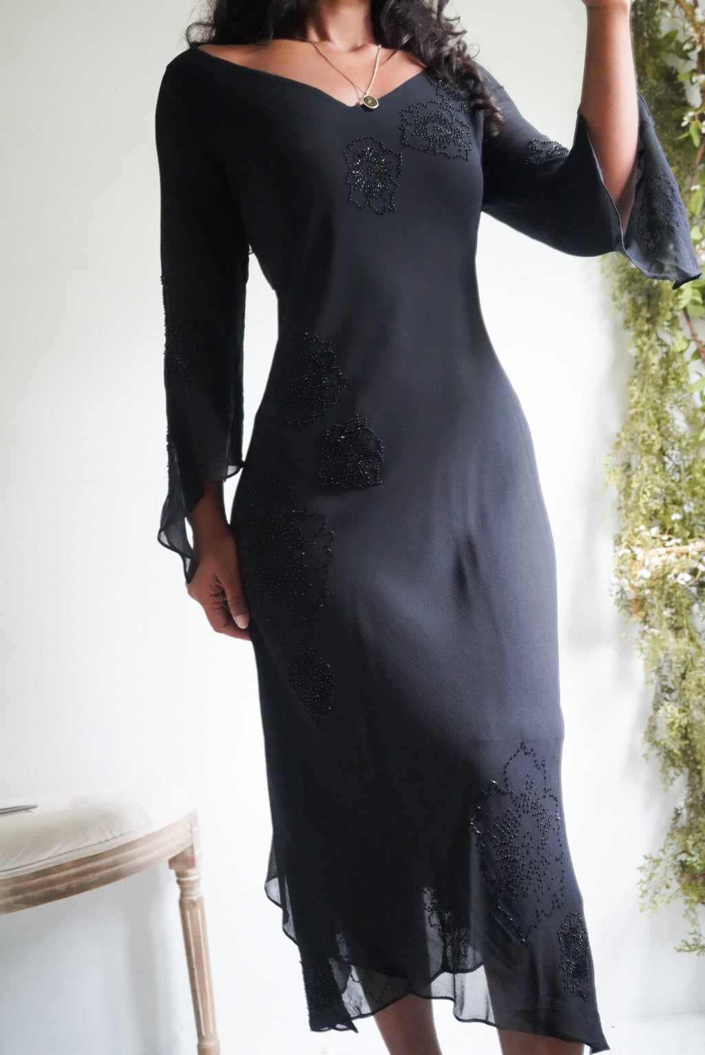 Y2K Beaded Black Silk Flare Sleeve Dress