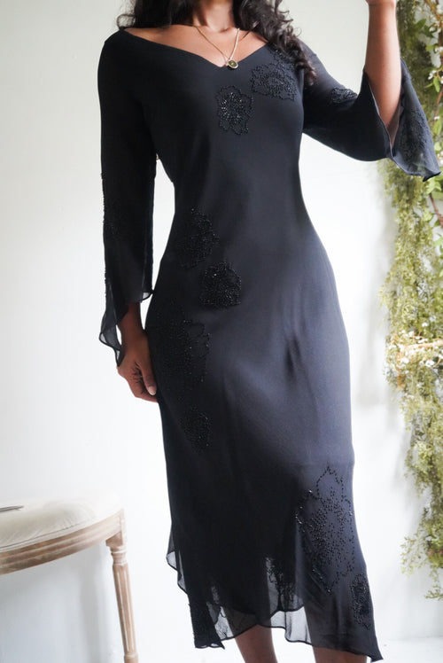 Y2K Beaded Black Silk Flare Sleeve Dress