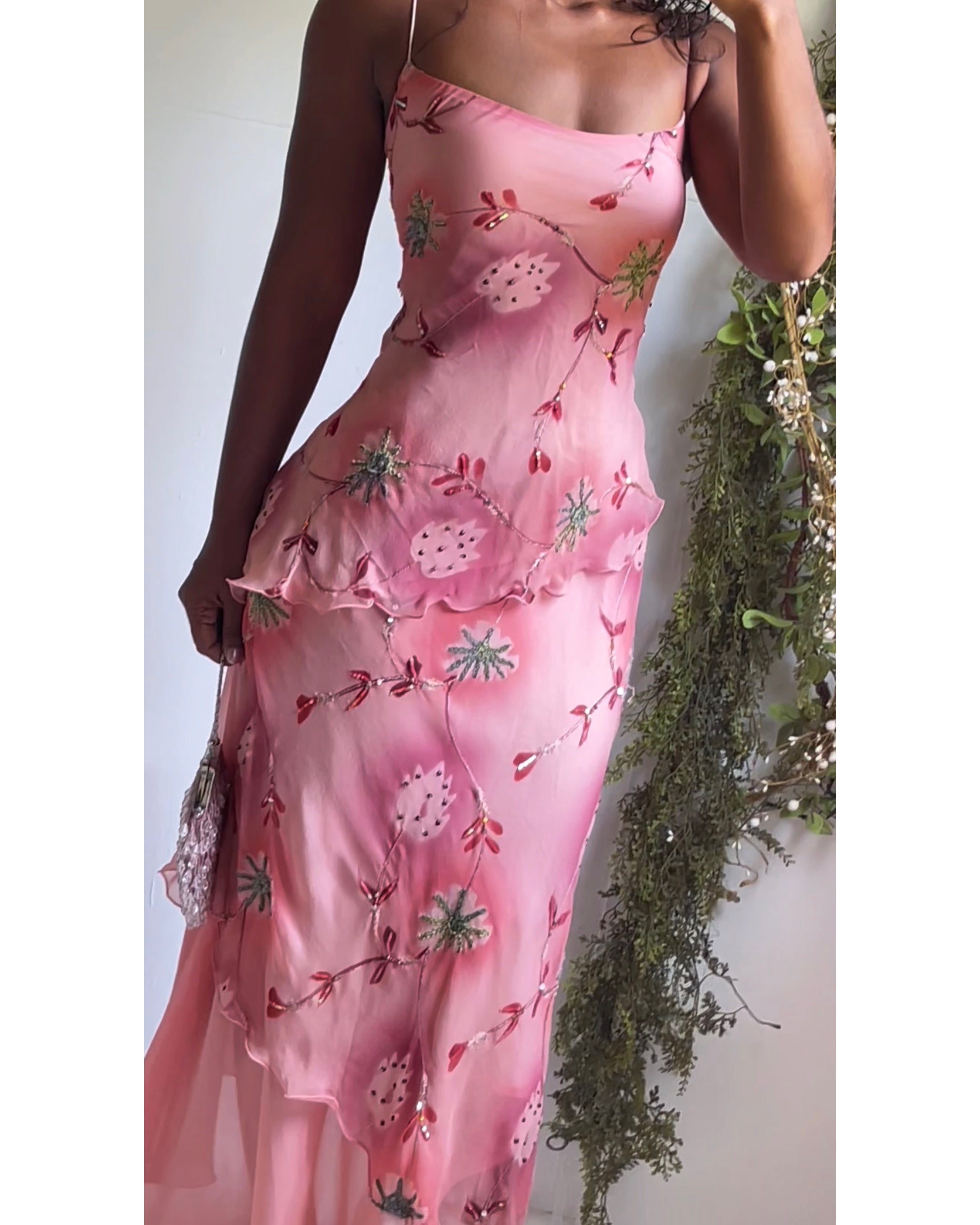 Y2K Peachy Pink Floral Fairy Silk Dress