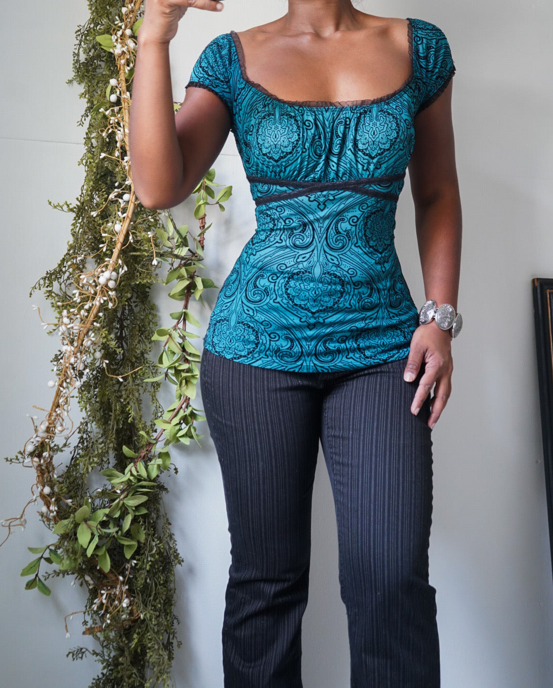 Teal and Black Burnout Mesh Milkmaid Top