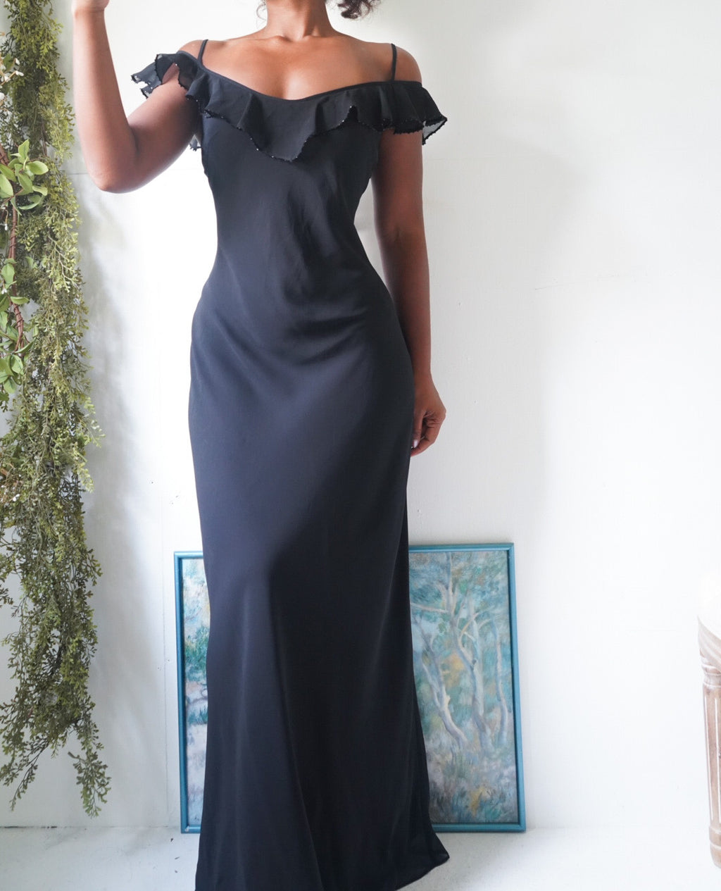 Y2K Black Ruffle Detail Cold Shoulder Gown