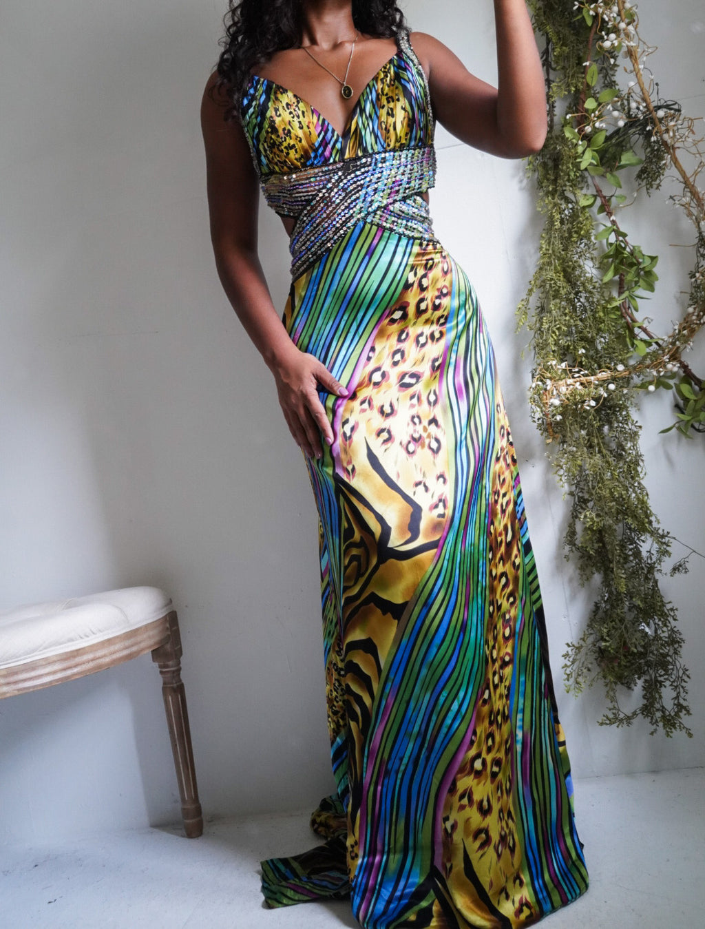 Rare Y2K Rainbow Abstract Animal Print Low Back Gown