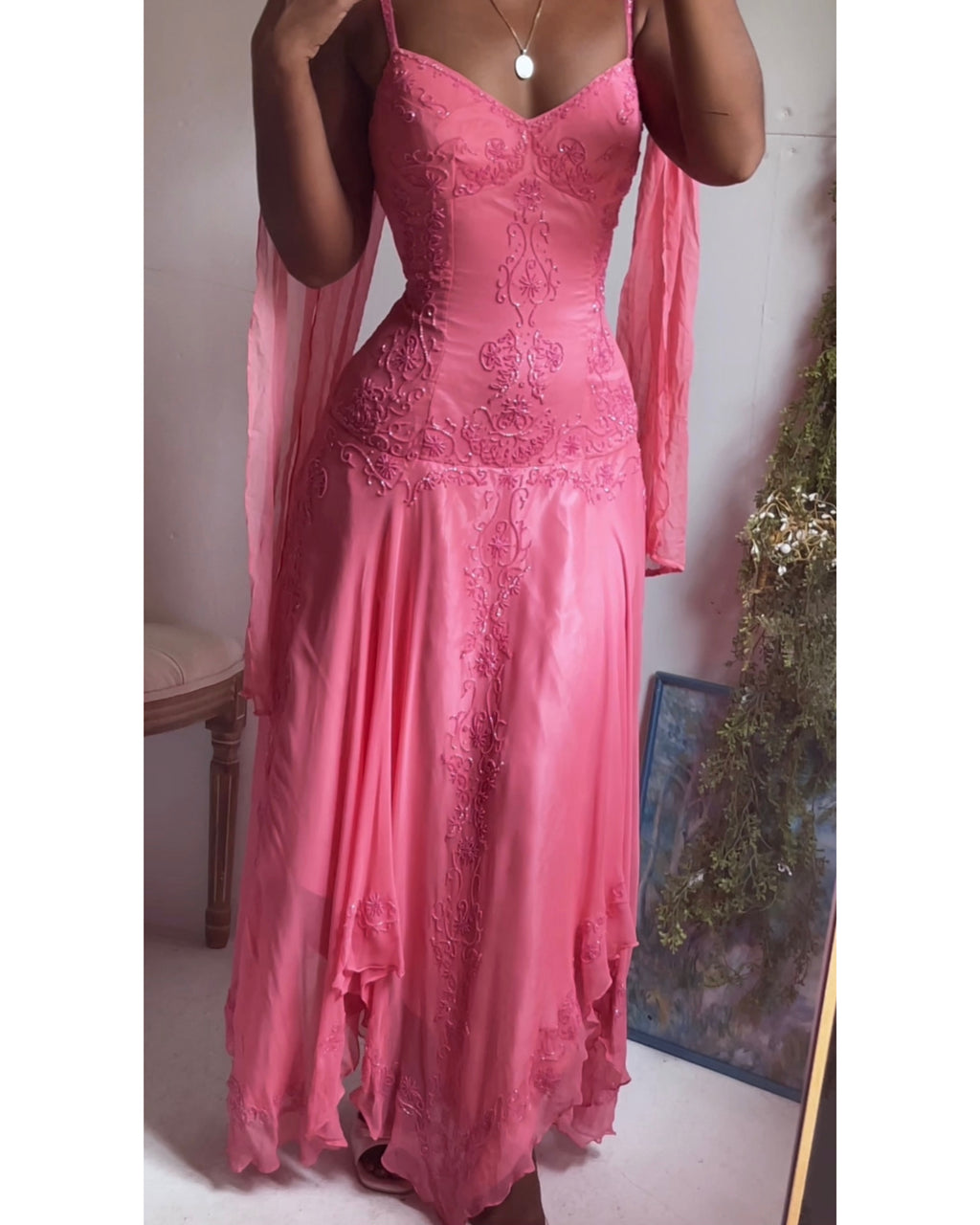 Y2K Coral Pink Silk Beaded Fairy Dress with Scarf