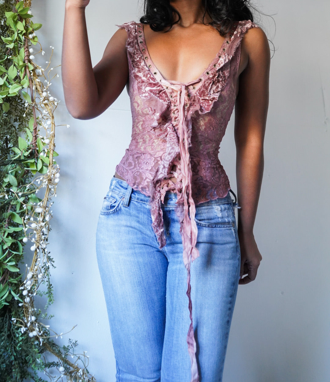 Y2K Rare Lace Fairy Lace Up Front Top