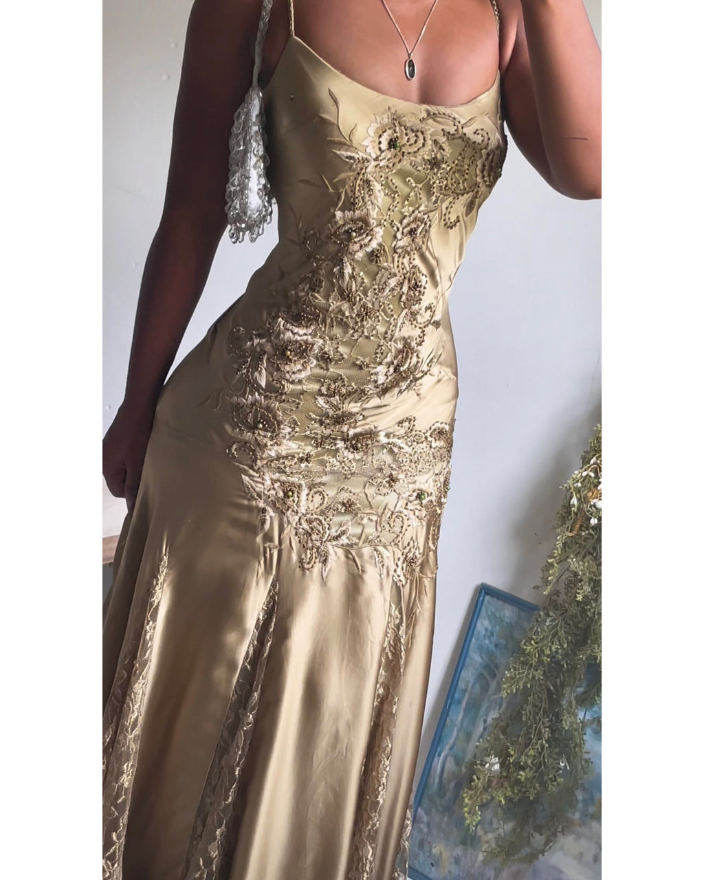 Rare Y2K Sue Wong Nocturne Sage Silk and Lace Beaded Gown