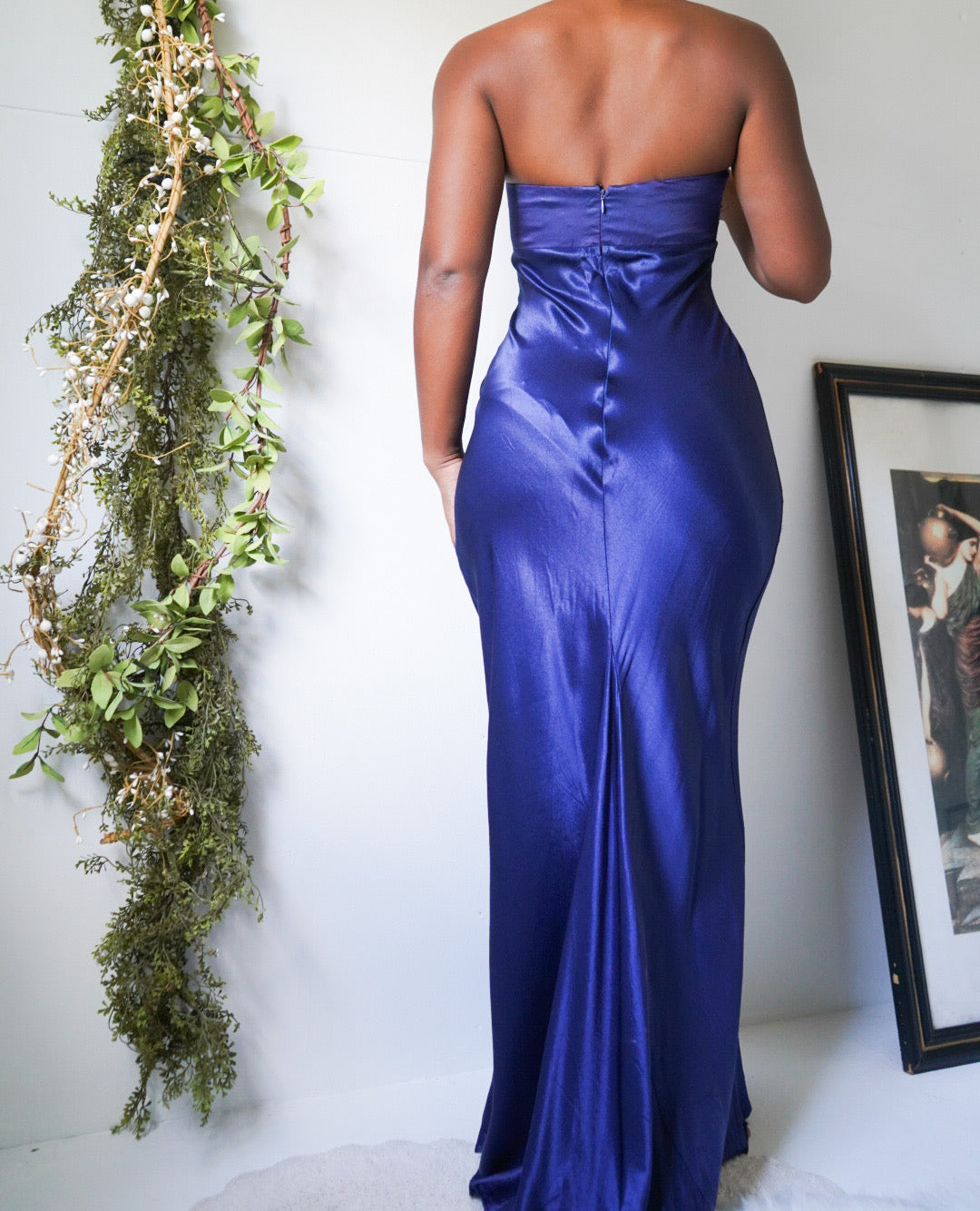 Vintage 90’s Navy Blue Satin Halter Gown