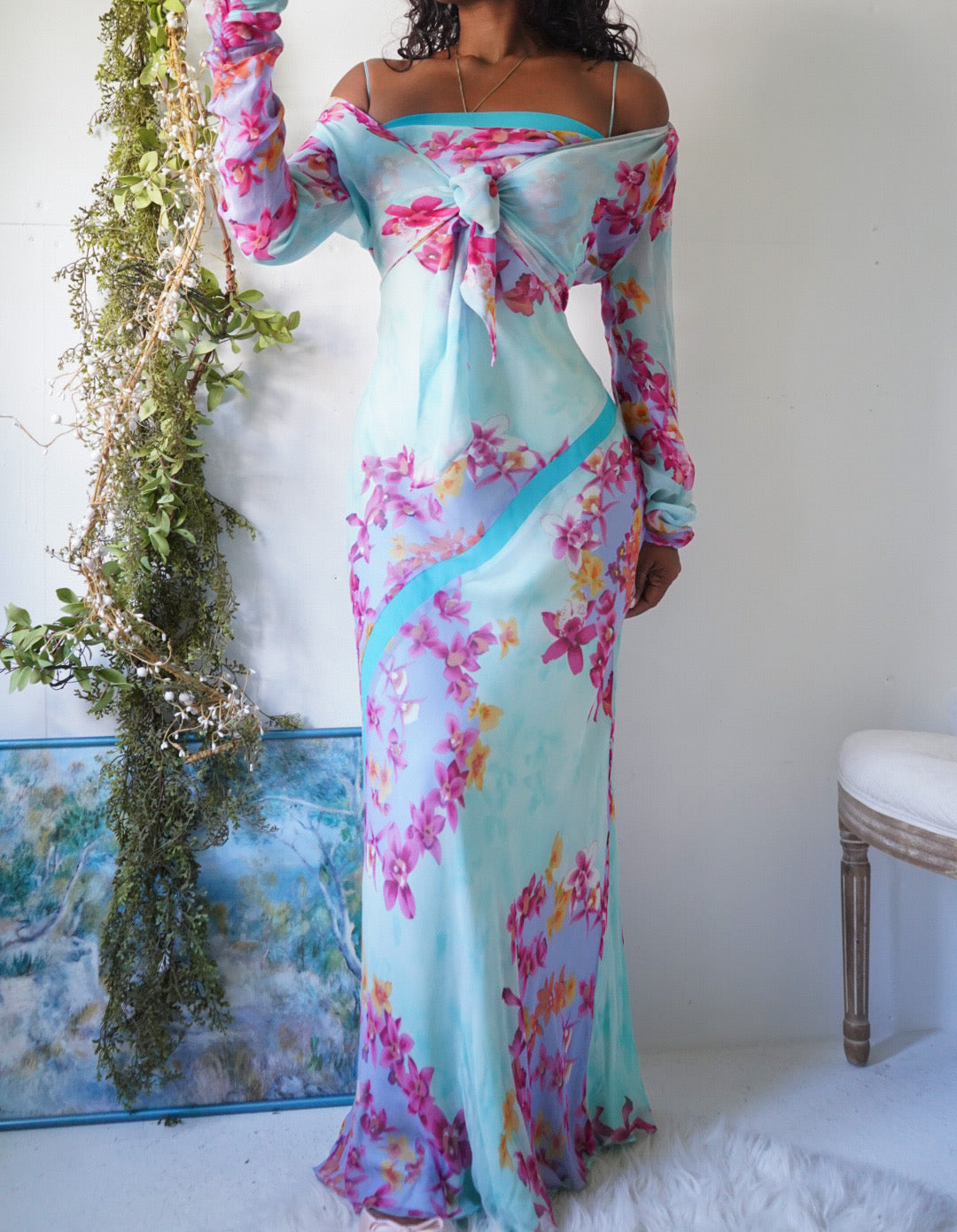 Vintage Y2K Romantic Light Turquoise Floral 2 Piece Gown